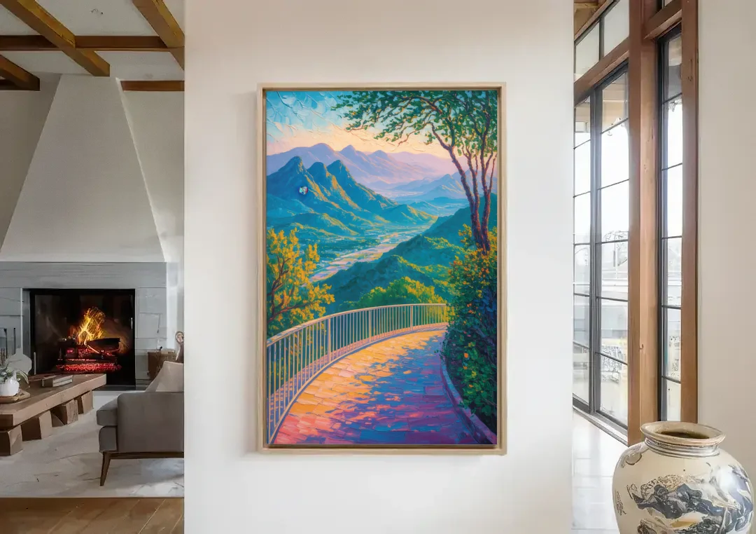 Chipinque Overlook canvas wall art in a living room with a fireplace