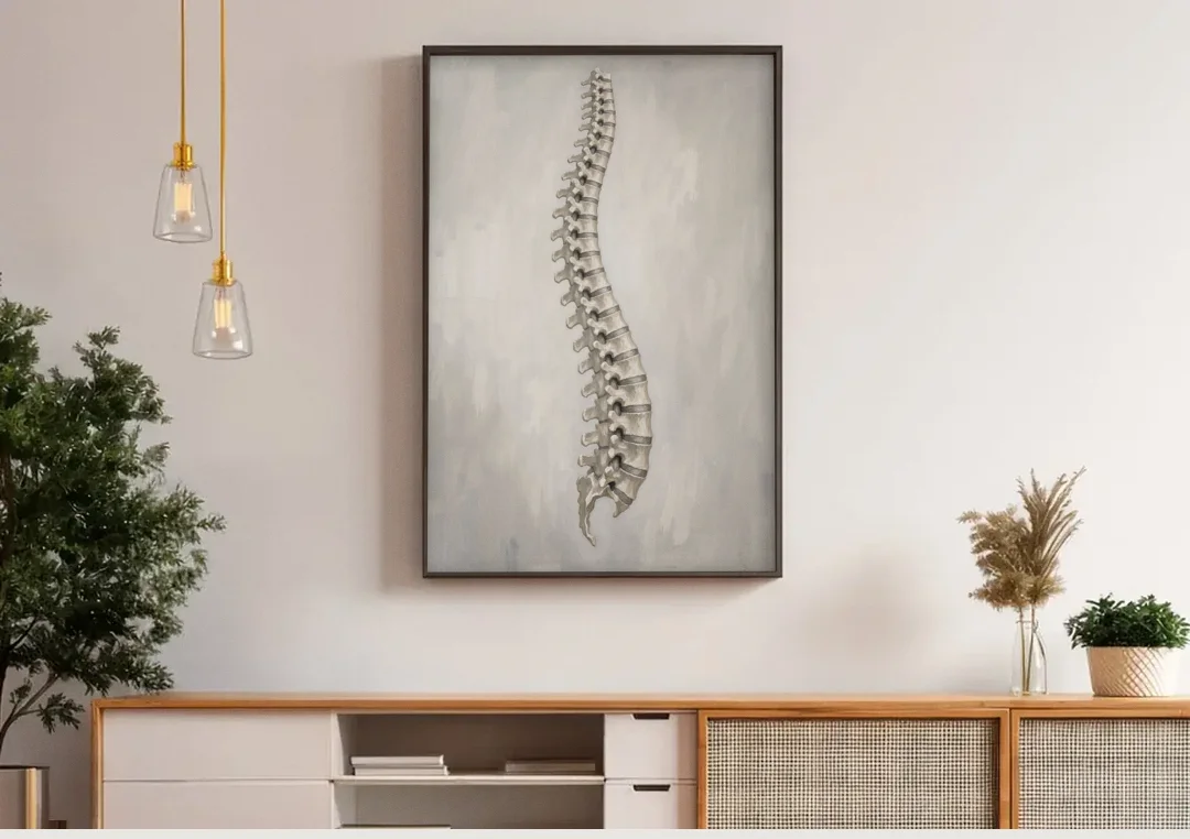 Chiropractic Wall Art of a Spine in Misty Grey canvas wall art above a wooden sideboard under pendant lights
