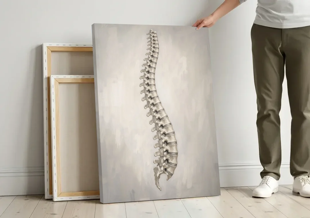 Chiropractic Wall Art of a Spine in Misty Grey canvas wall art leaning against a wall next to blank canvases