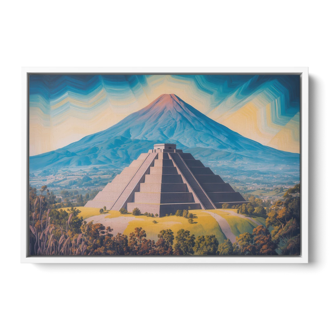 Cholula Pyramid View - White Framed Canvas Wall Art - Front