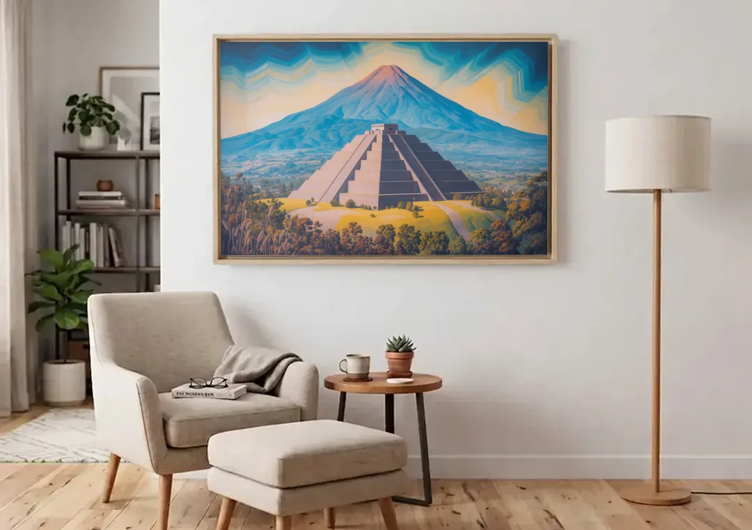 Cholula Pyramid View canvas wall art above an armchair in a bright living room