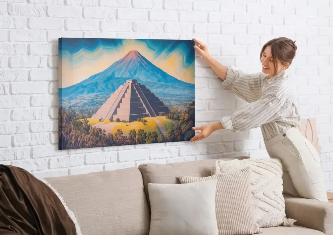 Cholula Pyramid View canvas wall art being hung on a white brick wall above a sofa