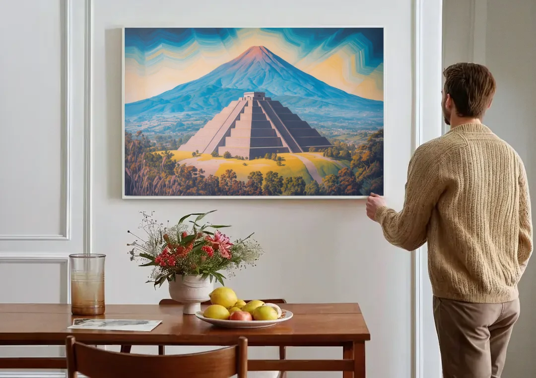 Cholula Pyramid View canvas wall art above a dining table