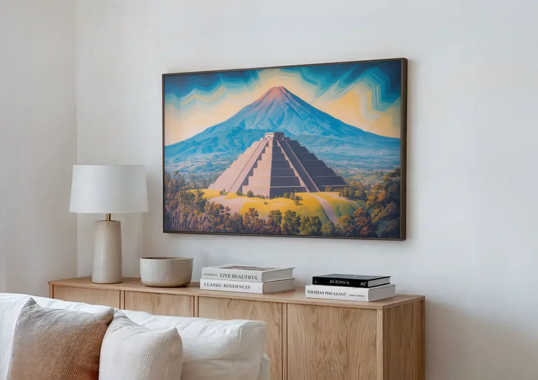 Cholula Pyramid View canvas wall art above a wooden sideboard next to a sofa