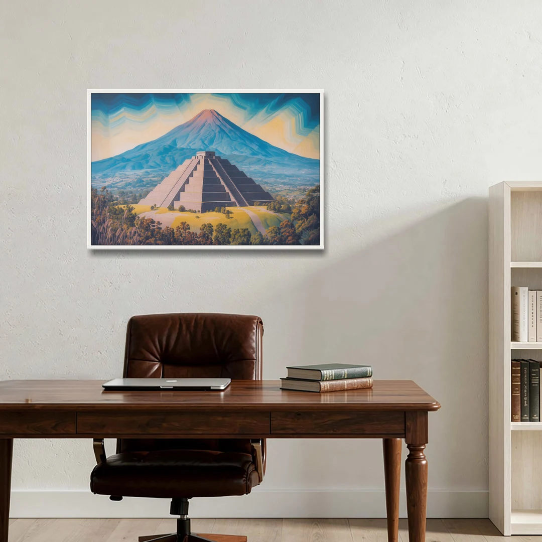 Cholula Pyramid View - White Framed Canvas Wall Art - Office - 36x24