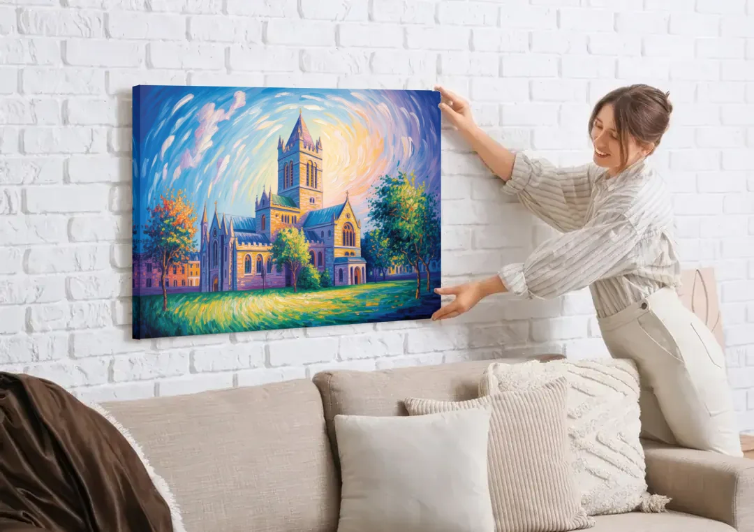 Christ Church Cathedral Majesty canvas wall art being hung on a white brick wall above a sofa
