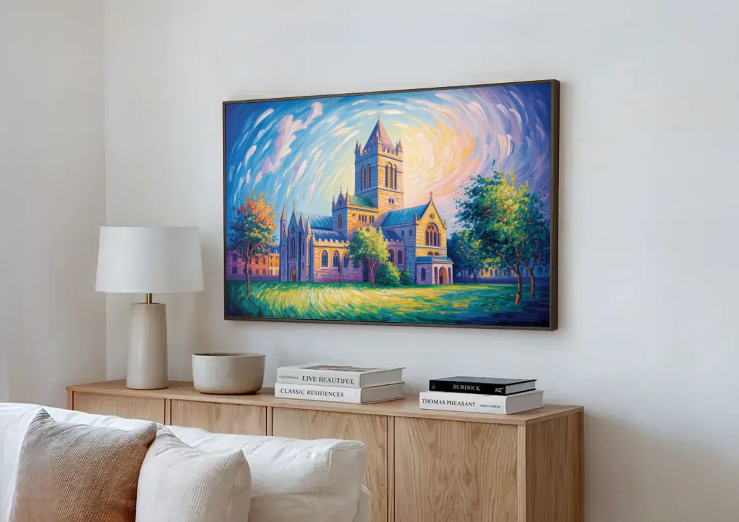 Christ Church Cathedral Majesty canvas wall art above a wooden sideboard next to a sofa