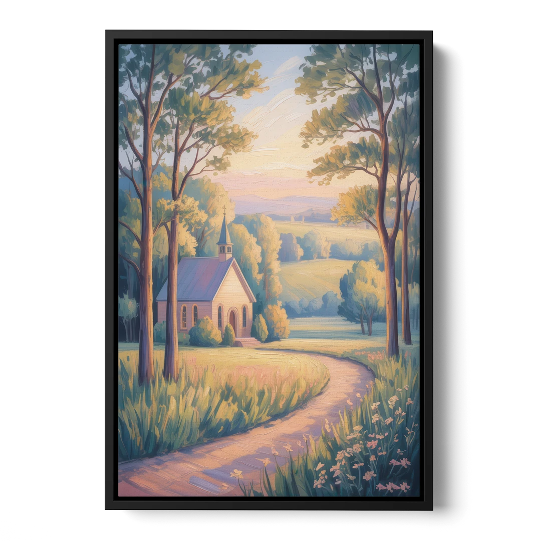 Christian Countryside Chapel - Black Framed Canvas Wall Art - Front