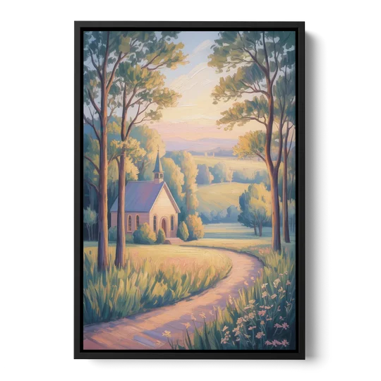 Christian Countryside Chapel - Black Framed Canvas Wall Art - Front