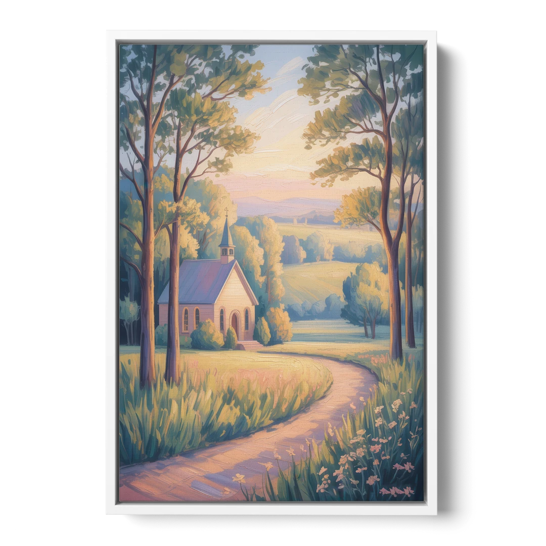 Christian Countryside Chapel - White Framed Canvas Wall Art - Front