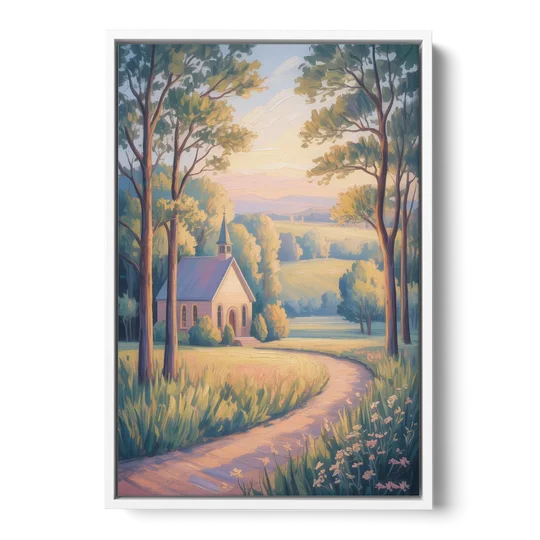 Christian Countryside Chapel - White Framed Canvas Wall Art - Front