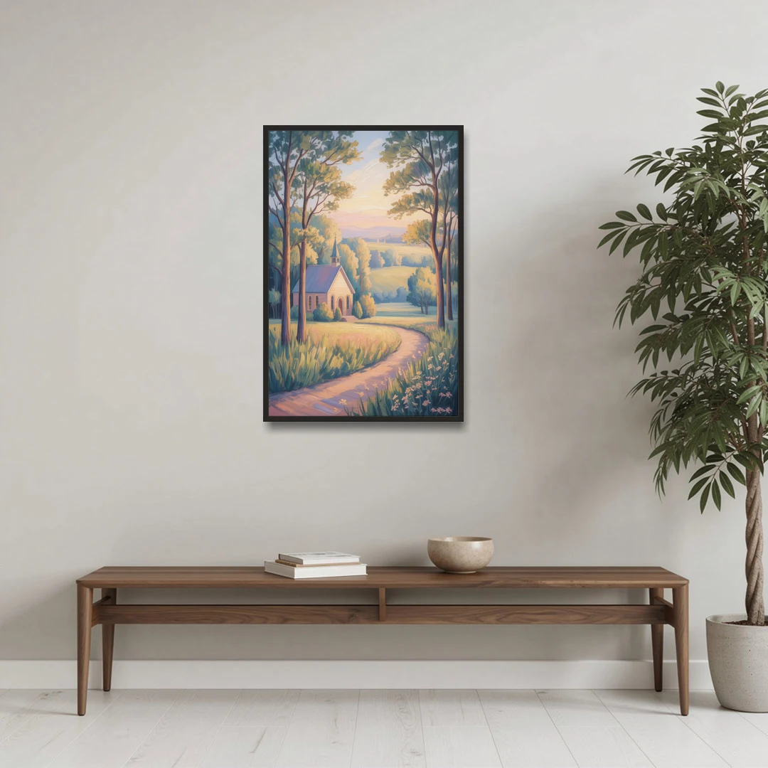 Christian Countryside Chapel - Black Framed Canvas Wall Art - Coffee Table - 24x36