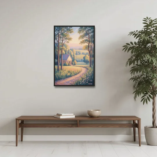 Christian Countryside Chapel - Black Framed Canvas Wall Art - Coffee Table - 24x36