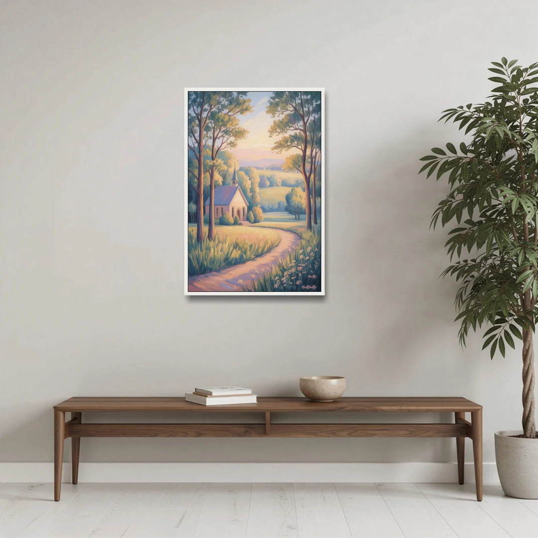 Christian Countryside Chapel - White Framed Canvas Wall Art - Coffee Table - 24x36