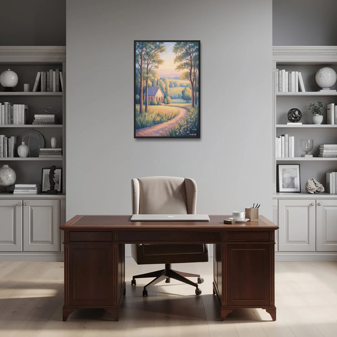 Christian Countryside Chapel - Black Framed Canvas Wall Art - Office - 24x36