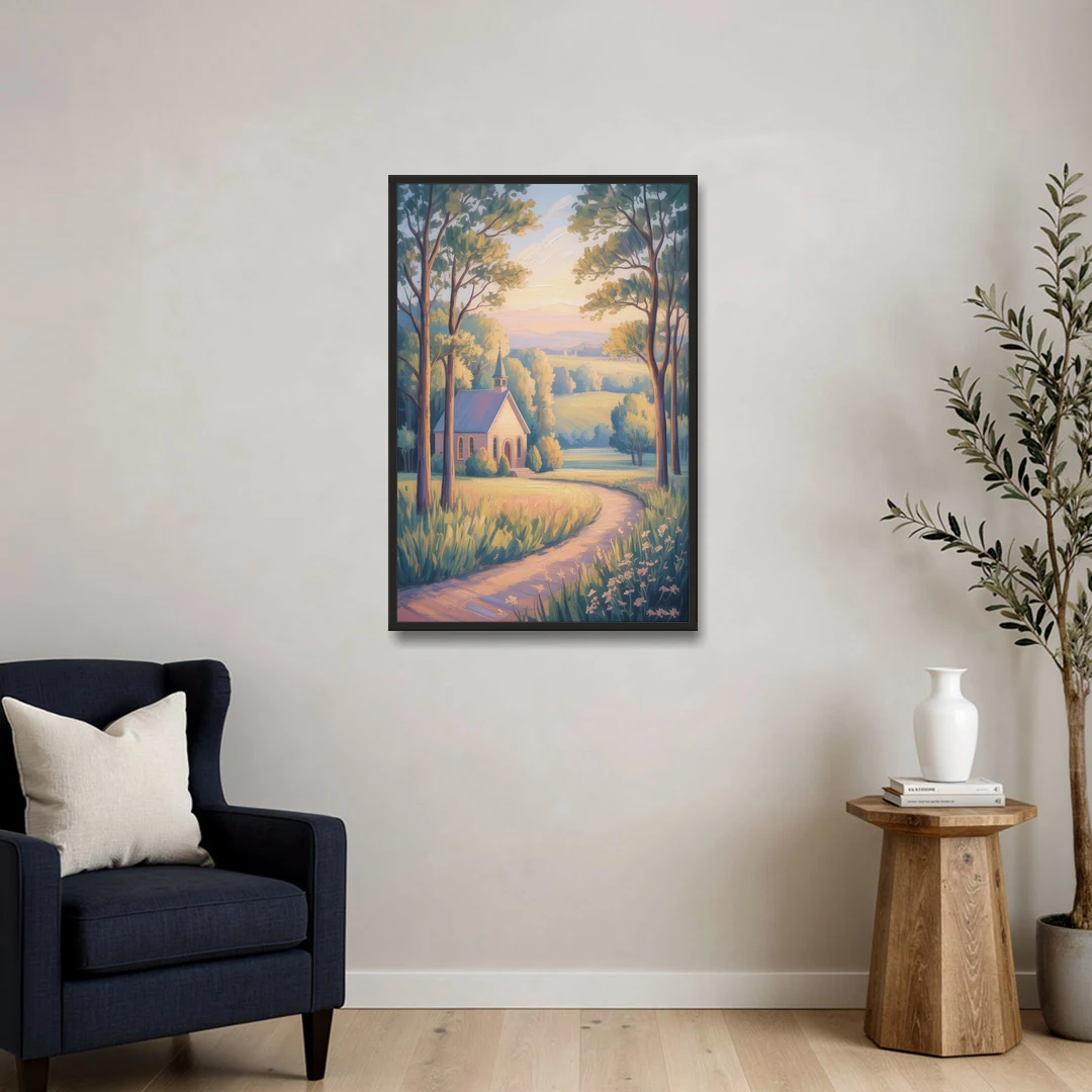 Christian Countryside Chapel - Black Framed Canvas Wall Art - Sofa - 24x36