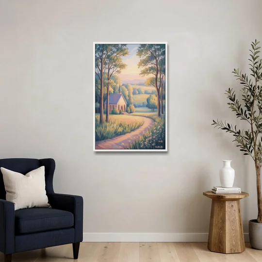 Christian Countryside Chapel - White Framed Canvas Wall Art - Sofa - 24x36