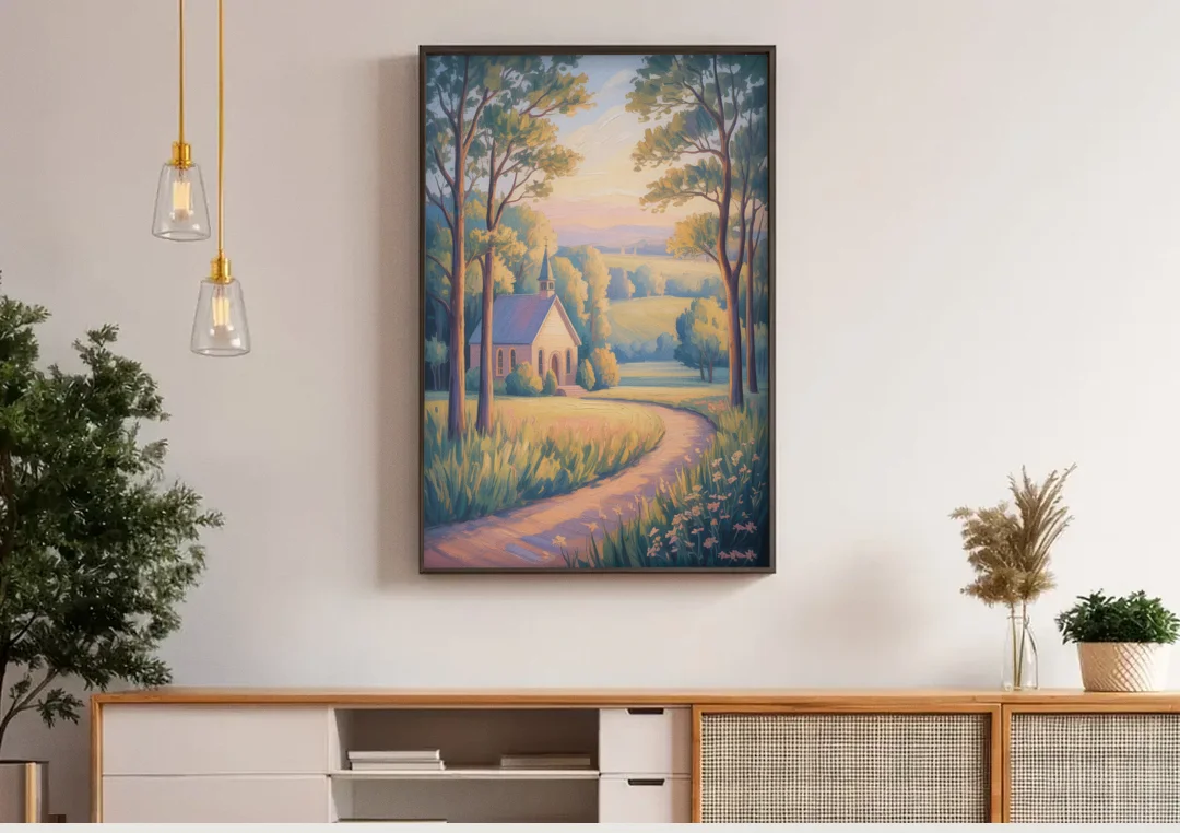 Christian Countryside Chapel canvas wall art above a wooden sideboard under pendant lights