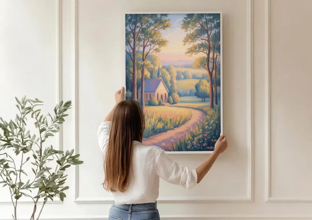 Christian Countryside Chapel canvas wall art being hung on a paneled wall