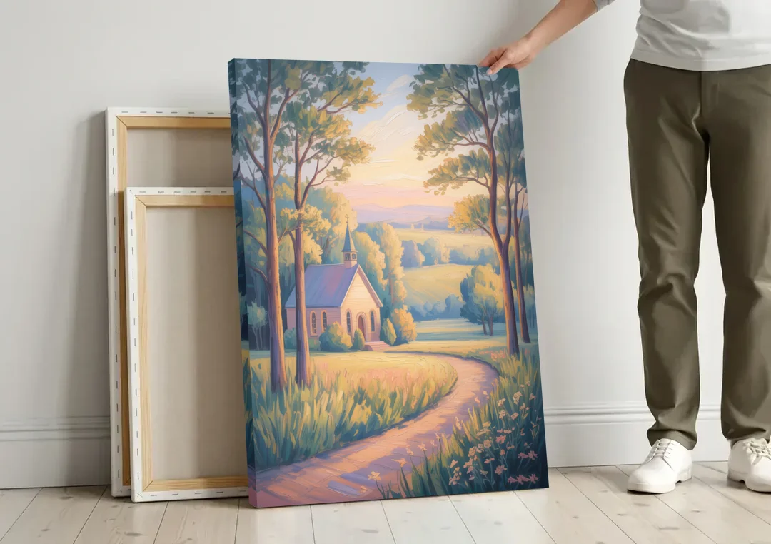 Christian Countryside Chapel canvas wall art leaning against a wall next to blank canvases