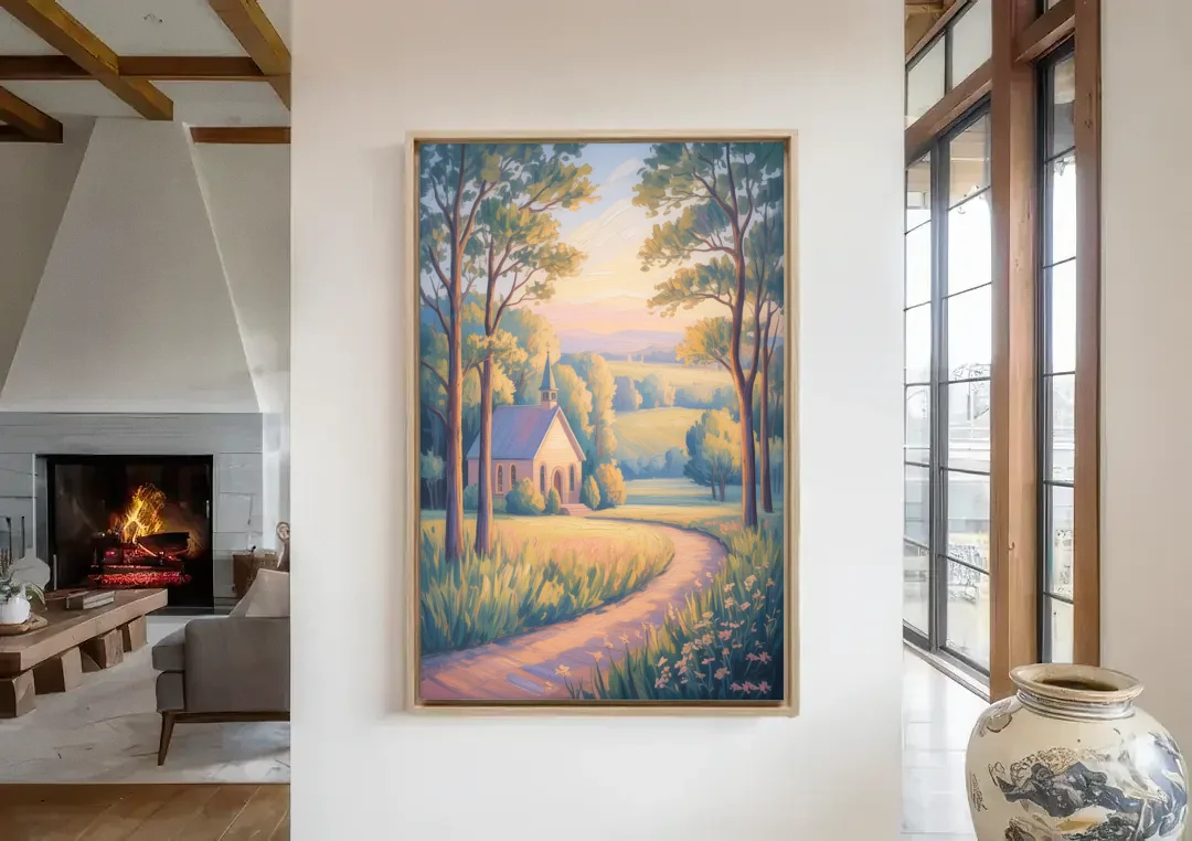 Christian Countryside Chapel canvas wall art in a living room with a fireplace