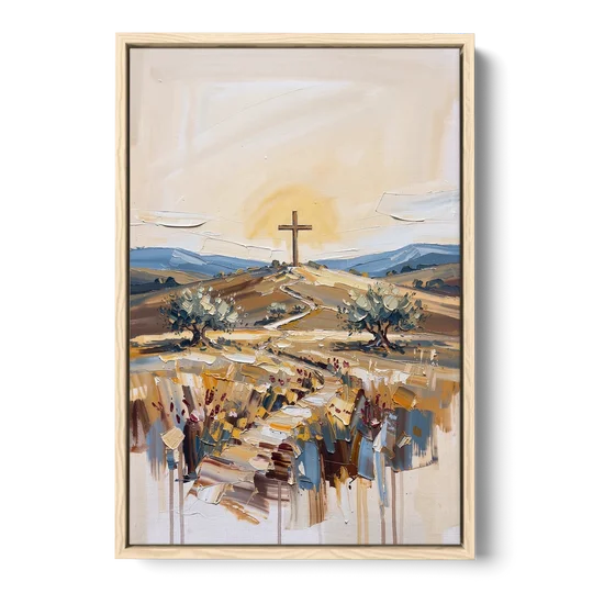 Christian Cross Landscape - Oak Framed Canvas Wall Art - Front