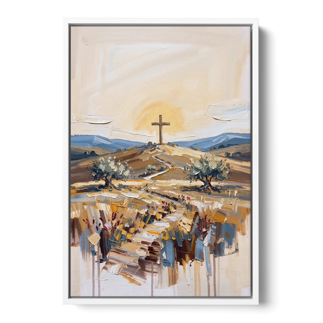 Christian Cross Landscape - White Framed Canvas Wall Art - Front