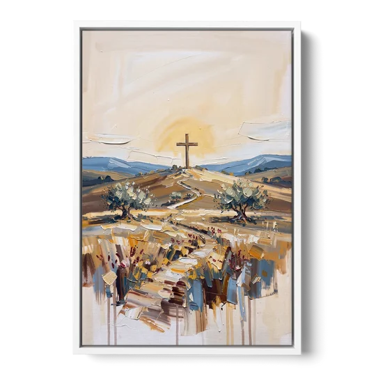 Christian Cross Landscape - White Framed Canvas Wall Art - Front
