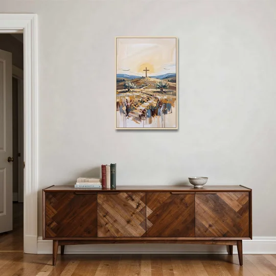 Christian Cross Landscape - Oak Framed Canvas Wall Art - Coffee Table - 24x36