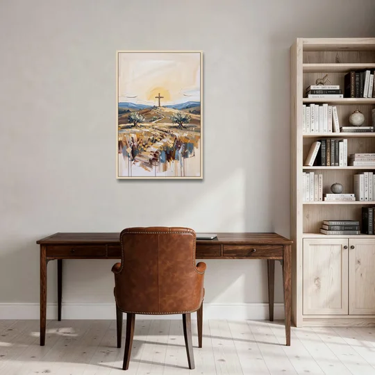 Christian Cross Landscape - Oak Framed Canvas Wall Art - Office - 24x36