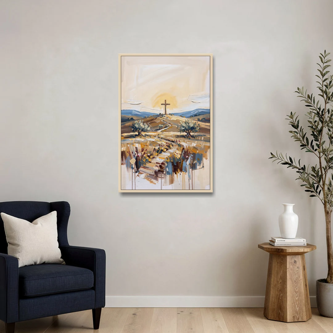 Christian Cross Landscape - Oak Framed Canvas Wall Art - Sofa - 24x36