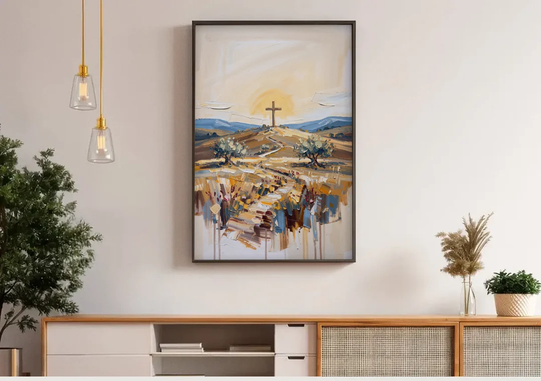 Christian Cross Landscape canvas wall art above a wooden sideboard under pendant lights