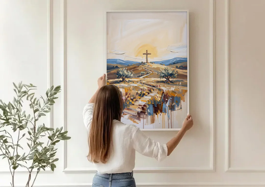 Christian Cross Landscape canvas wall art being hung on a paneled wall
