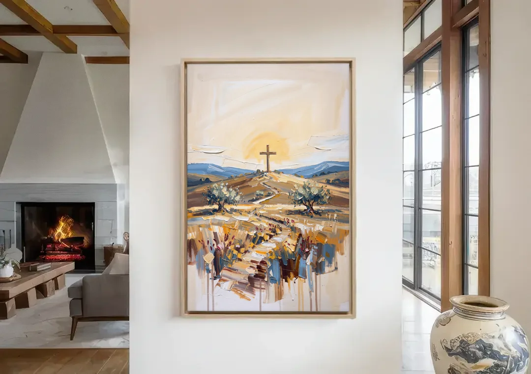 Christian Cross Landscape canvas wall art in a living room with a fireplace