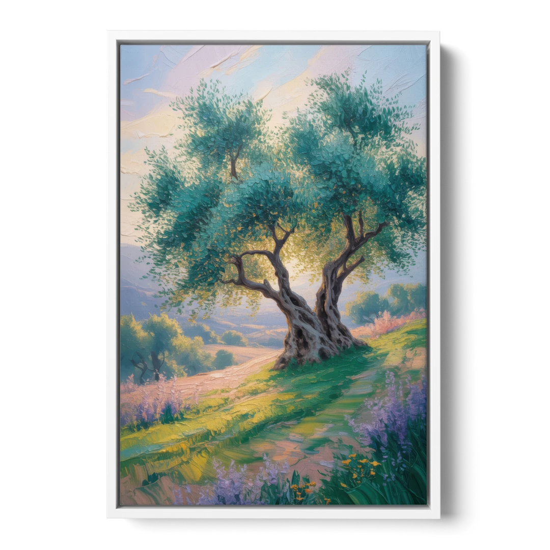 Christian Olive Tree Harmony - White Framed Canvas Wall Art - Front