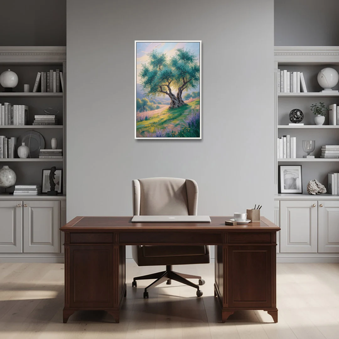 Christian Olive Tree Harmony - White Framed Canvas Wall Art - Office - 24x36