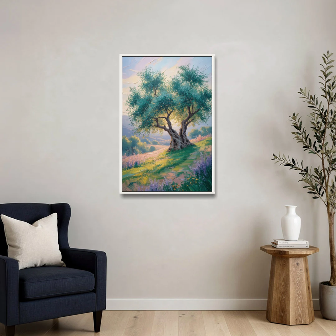 Christian Olive Tree Harmony - White Framed Canvas Wall Art - Sofa - 24x36