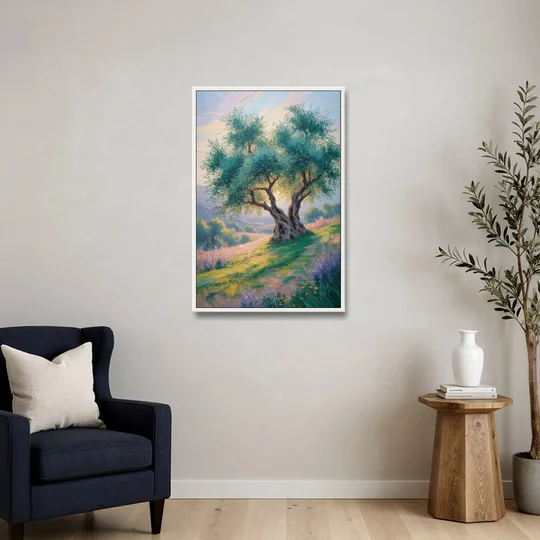 Christian Olive Tree Harmony - White Framed Canvas Wall Art - Sofa - 24x36