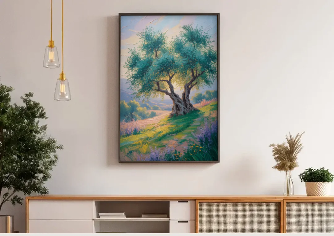 Christian Olive Tree Harmony canvas wall art above a wooden sideboard under pendant lights