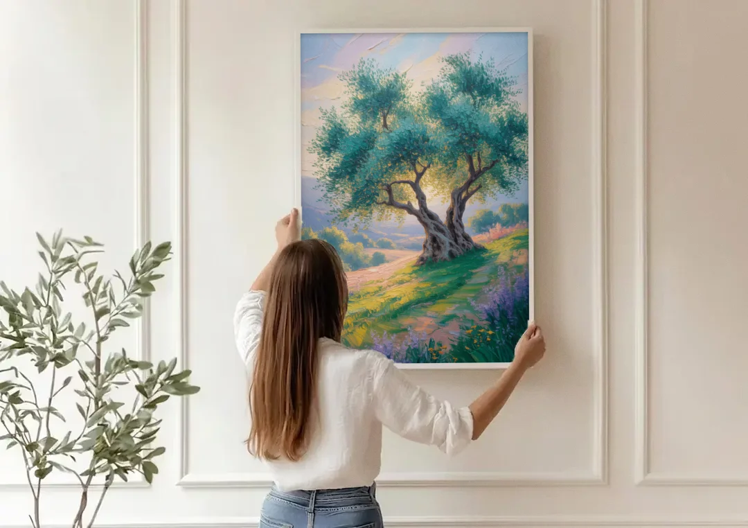 Christian Olive Tree Harmony canvas wall art being hung on a paneled wall