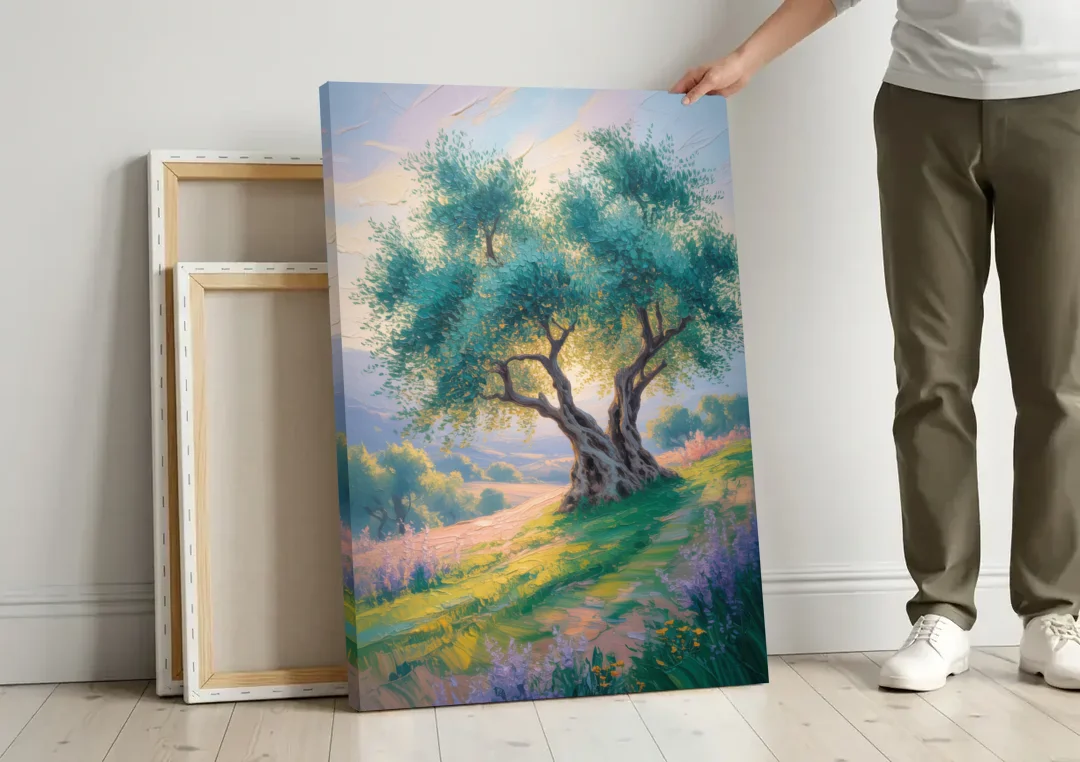 Christian Olive Tree Harmony canvas wall art leaning against a wall next to blank canvases