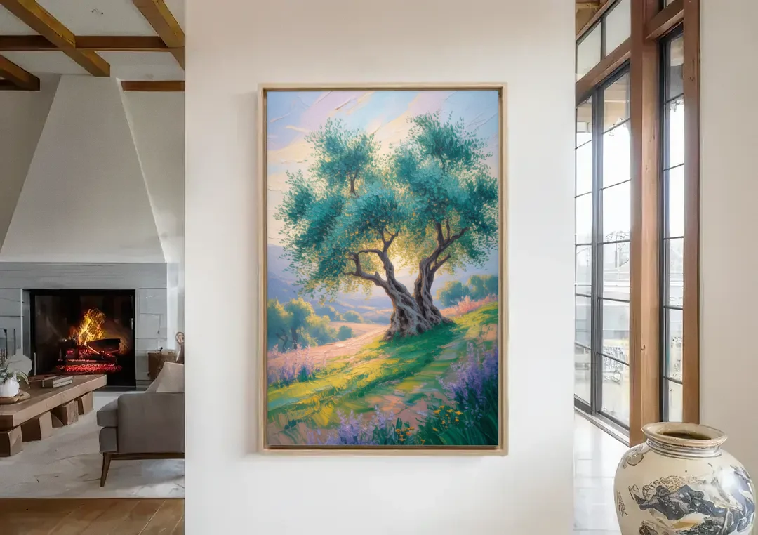 Christian Olive Tree Harmony canvas wall art in a living room with a fireplace