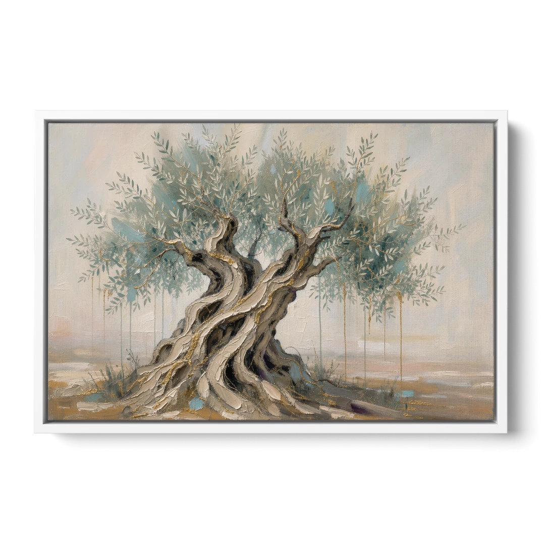 Christian Wall Decor with an Ancient Olive Tree - White Framed Canvas Wall Art - Front