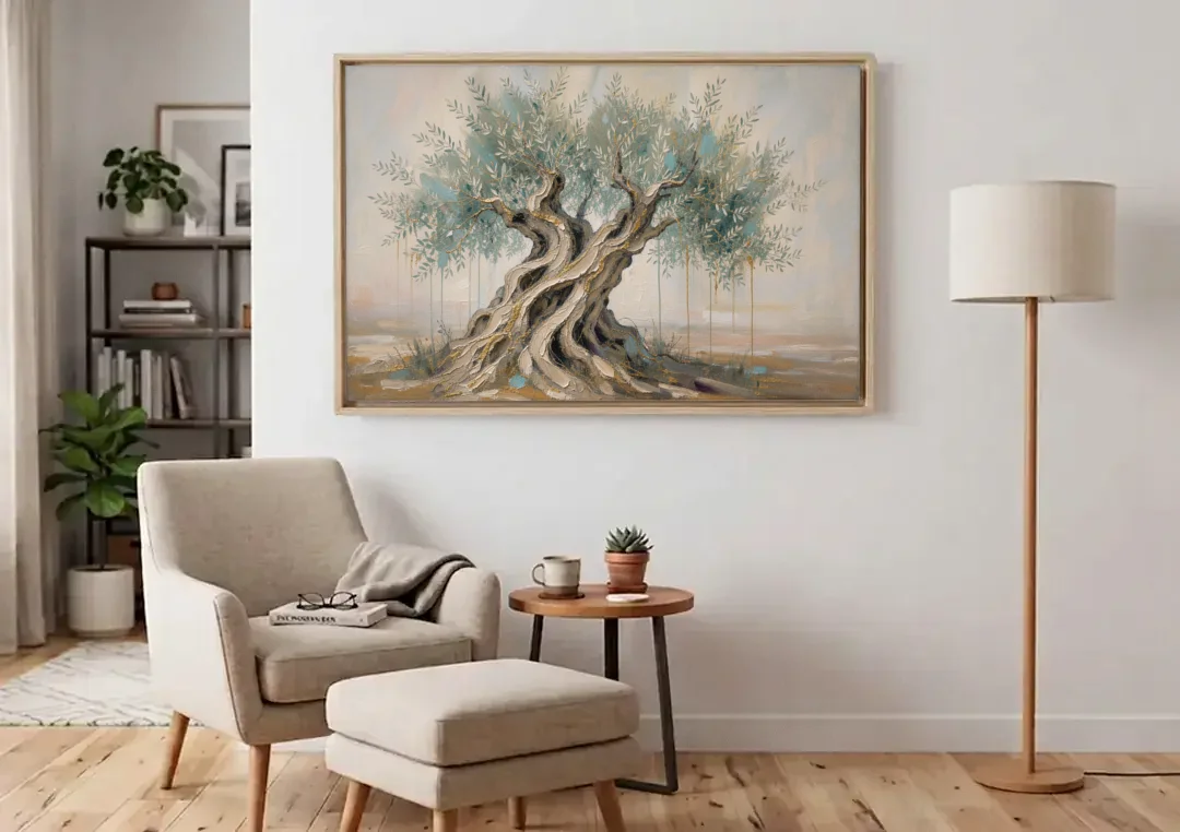 Christian Wall Decor with an Ancient Olive Tree canvas wall art above an armchair in a bright living room