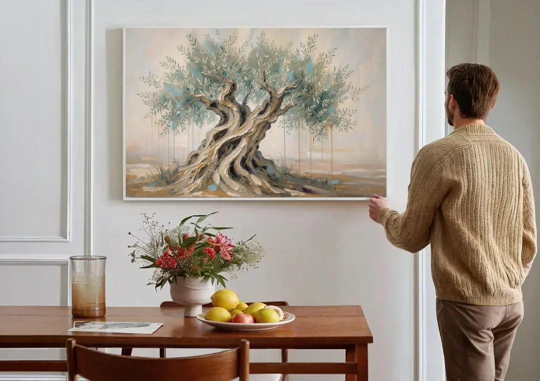 Christian Wall Decor with an Ancient Olive Tree canvas wall art above a dining table