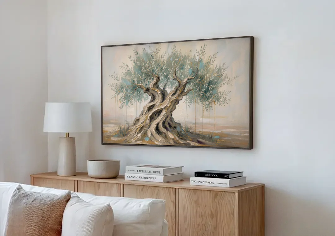 Christian Wall Decor with an Ancient Olive Tree canvas wall art above a wooden sideboard next to a sofa