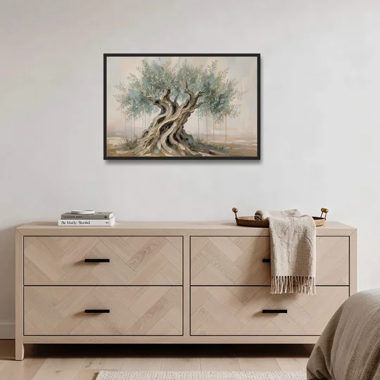Christian Wall Decor with an Ancient Olive Tree - Black Framed Canvas Wall Art - Coffee Table - 36x24