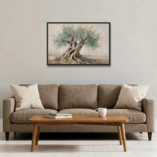 Christian Wall Decor with an Ancient Olive Tree - Black Framed Canvas Wall Art - Sofa - 36x24