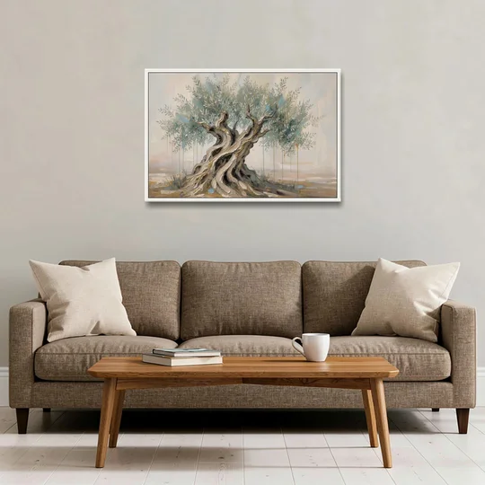 Christian Wall Decor with an Ancient Olive Tree - White Framed Canvas Wall Art - Sofa - 36x24