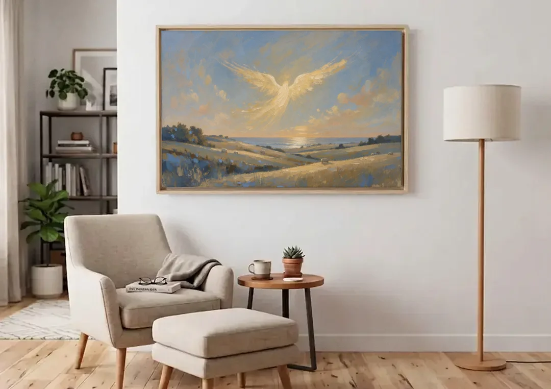 Christmas Angel Painting Over the Pastures canvas wall art above an armchair in a bright living room